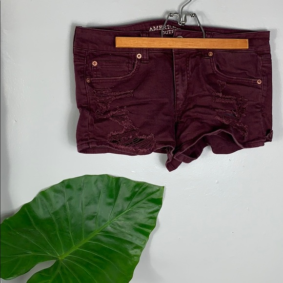 American Eagle Maroon Distressed Shortie Shorts